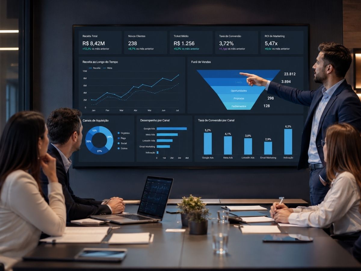 Equipe analisando resultados de marketing digital e campanhas de performance